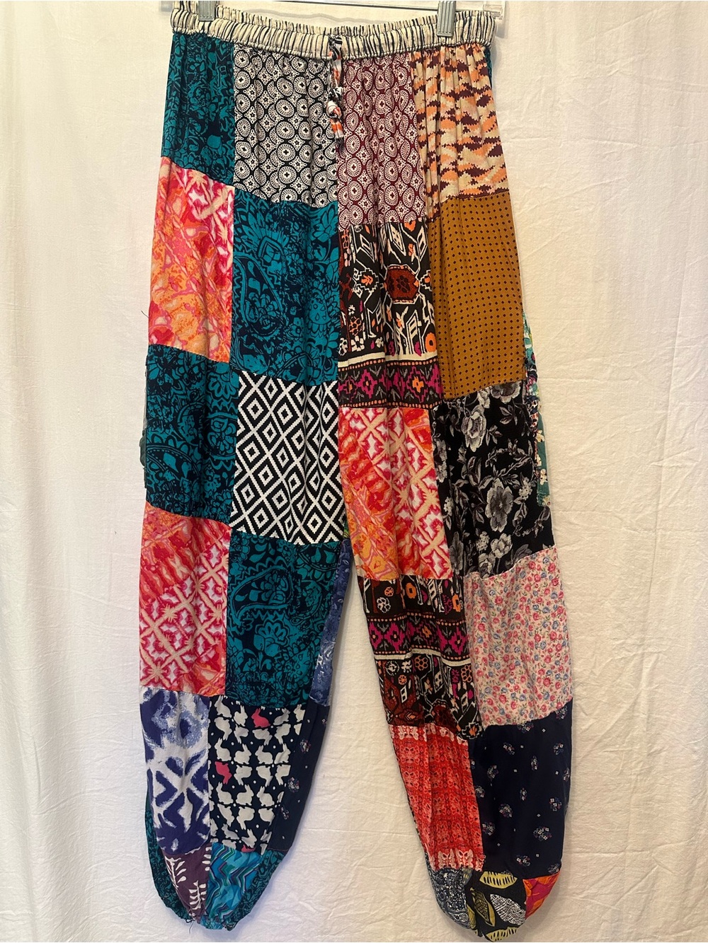 Boho Patchwork Harem Pants Mixed Print Rayon Balloon Leg Festival One Size